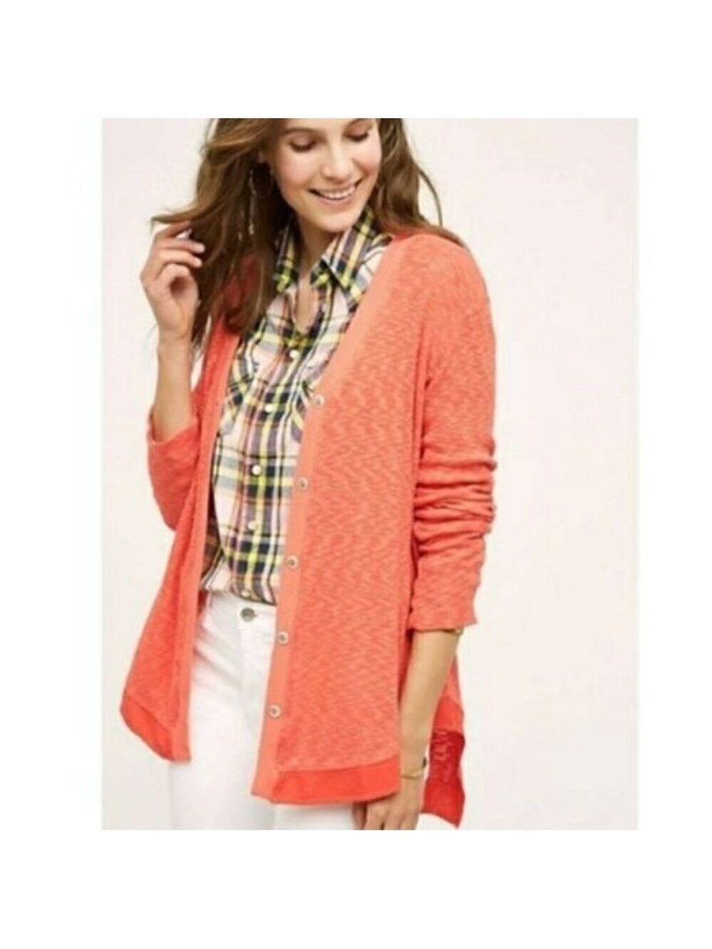 Left Of Center Evie Cardigan Coral Hi-Lo Hem Cotton Button Front Long Sweater S